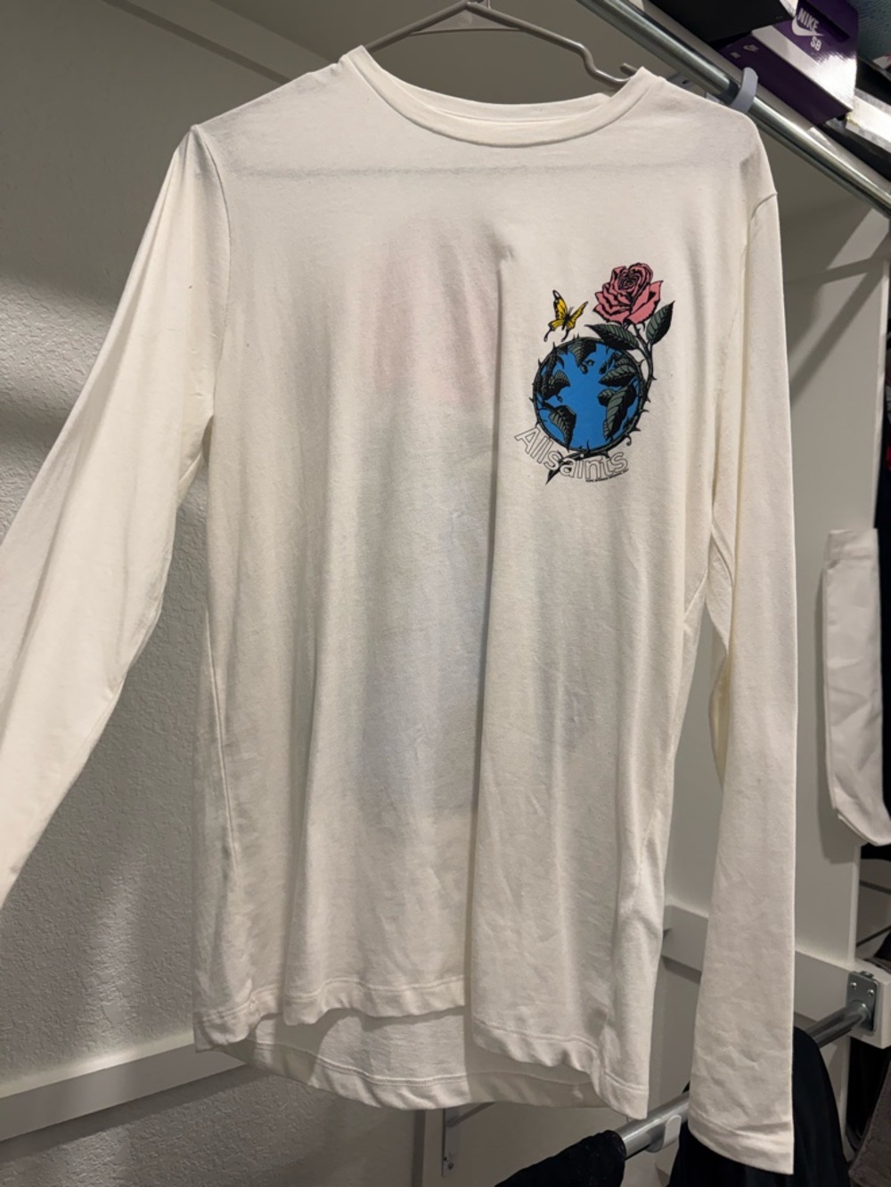All Saints White Long Sleeve Tee with Blue Globe & Pink Rose Graphic